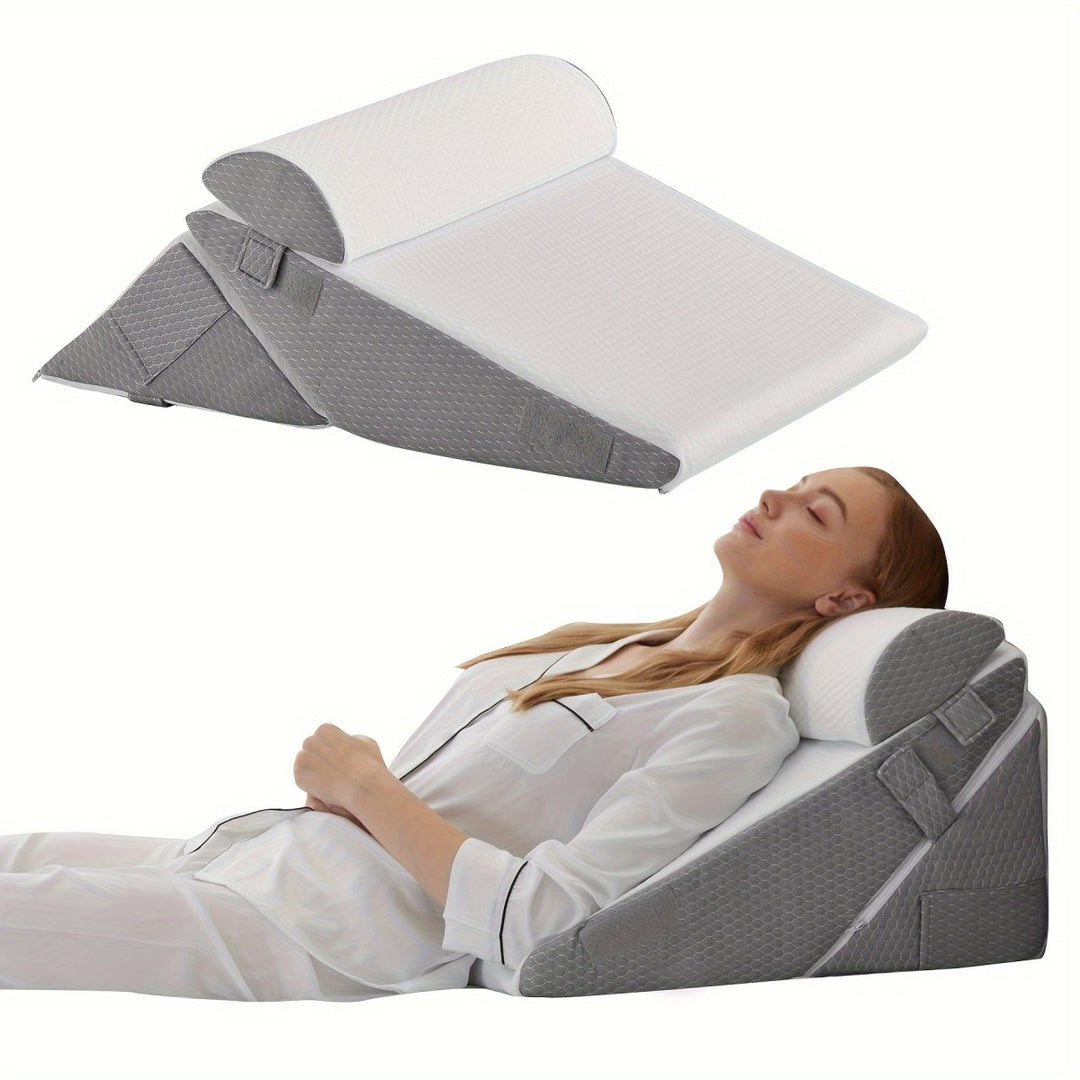 Plush adjustable wedge pillow for back & leg support, enhancing body comfort & relaxation.