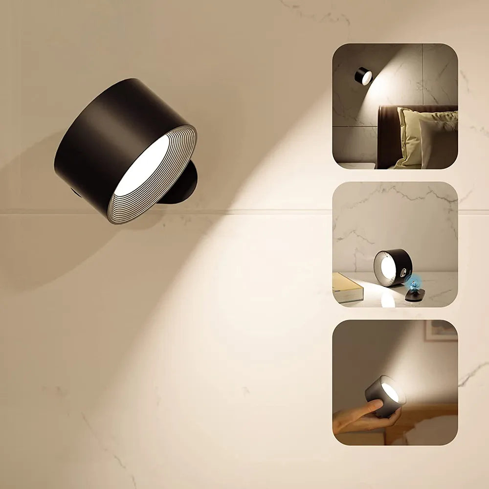 Close-up of LumoFlex adjustable head on wireless LED wall lamp, showing sleek modern design