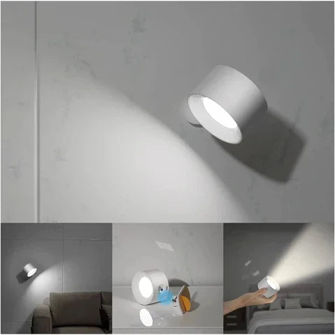 LumoFlex wireless LED wall lamp above a bed, providing dimmable, adjustable reading light