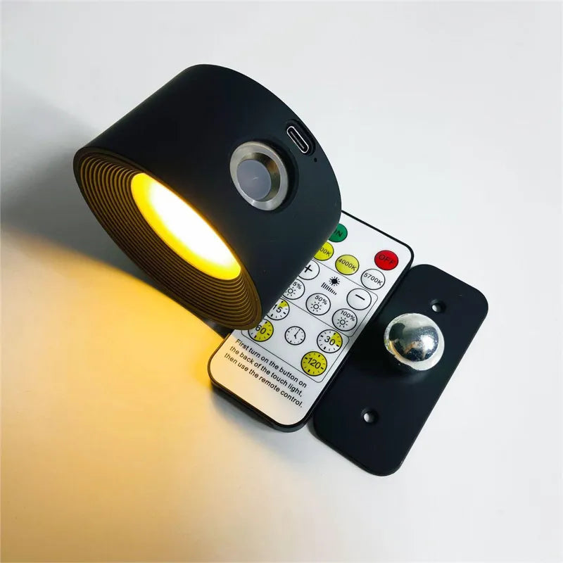 LumoFlex rechargeable wireless LED wall lamp being charged via USB, ready for use anywhere