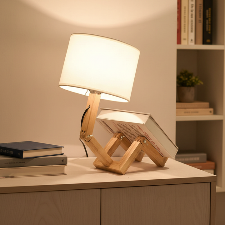 Adjustable wooden robot desk lamp with integrated shelf, perfect for modern home office decor.
