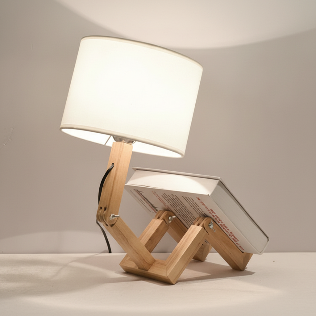 Unique wooden robot table lamp featuring an adjustable design and handy integrated storage shelf.