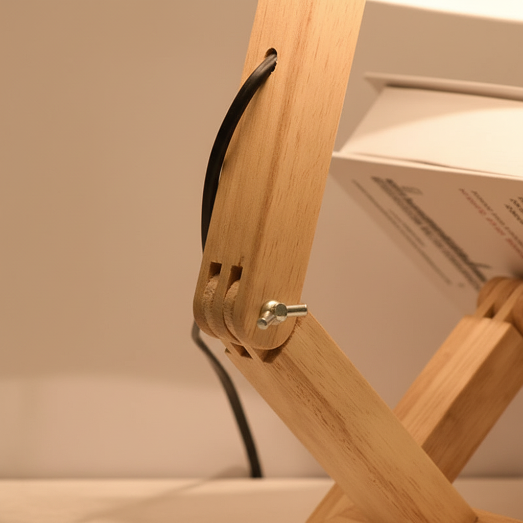 Stylish wooden desk lamp in a playful robot shape, offering adjustable light and a small shelf.