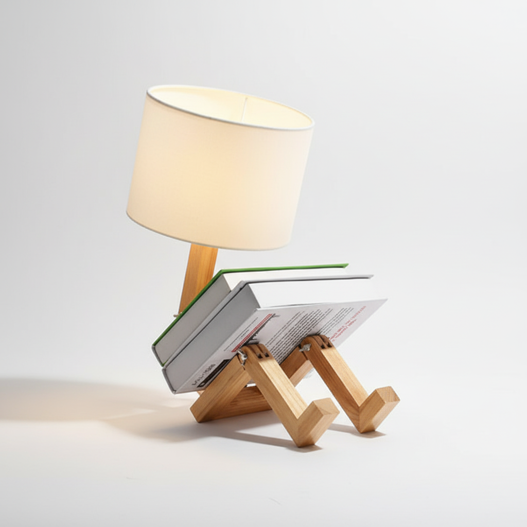 Playful wooden robot table lamp, fully adjustable with a fabric shade and an integrated small shelf.