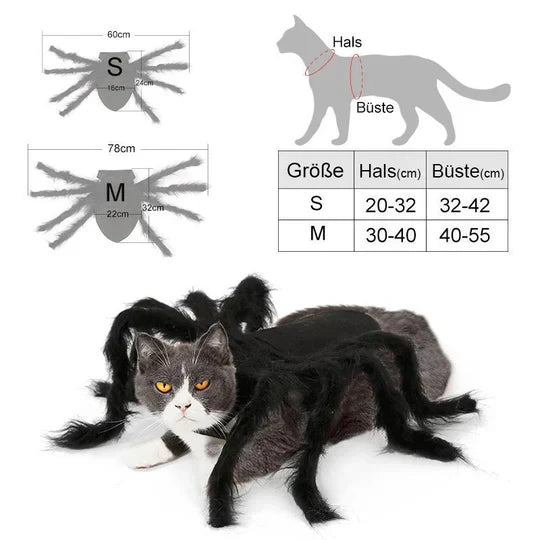 Black spider costume for pets, detailed with red accents and eight long legs, great for animal dress-up.