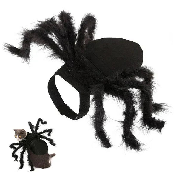 Fluffy black spider pet costume with big eyes and eight furry legs, cozy apparel for cats and dogs.