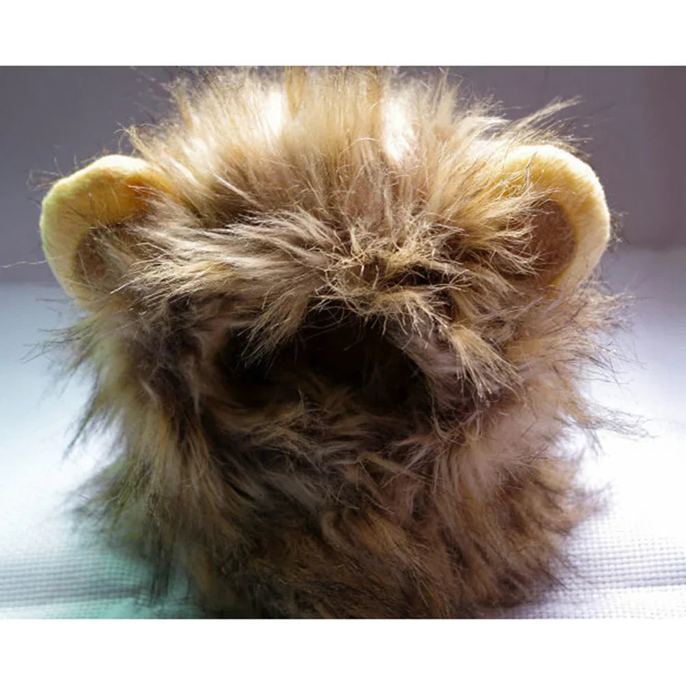 Festive pet accessory: a fluffy lion mane costume for cats, ideal for parties or playful photos.