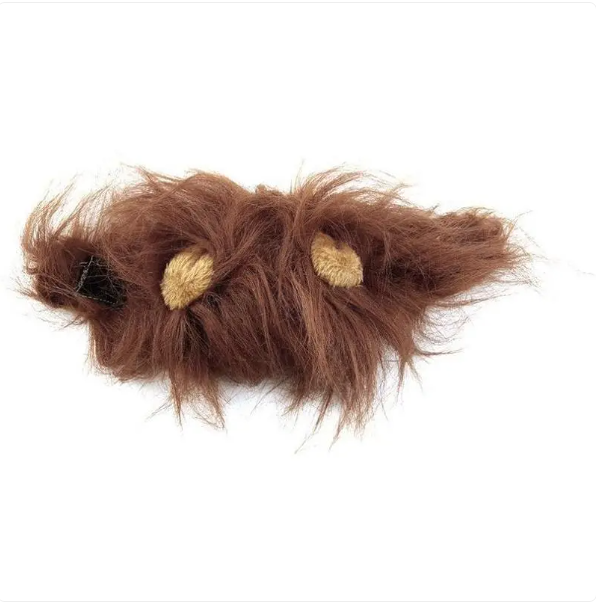 Playful cat posing in a lion's mane pet accessory, designed for easy and cozy wear.