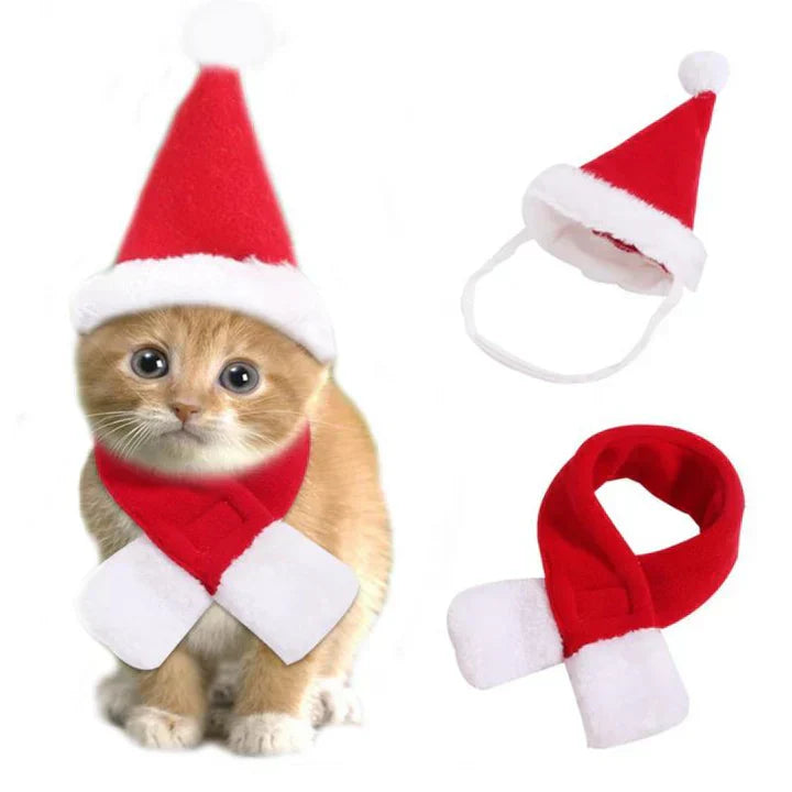 Christmas pet hat and scarf set displayed flat, ready for feline or canine holiday fashion