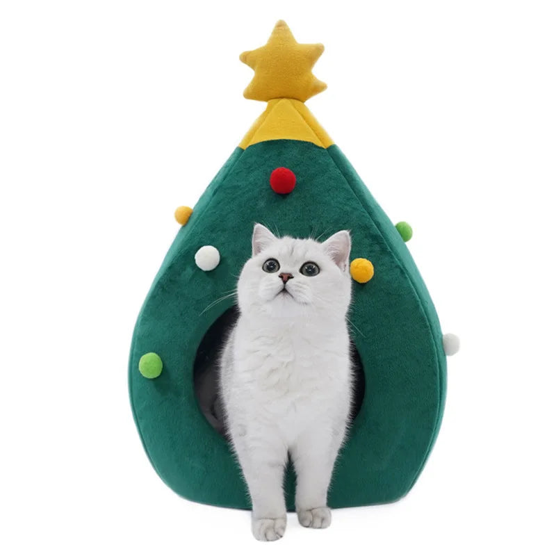 Adorable Christmas tree pet house, cozy washable cat & dog bed, perfect for winter holidays.