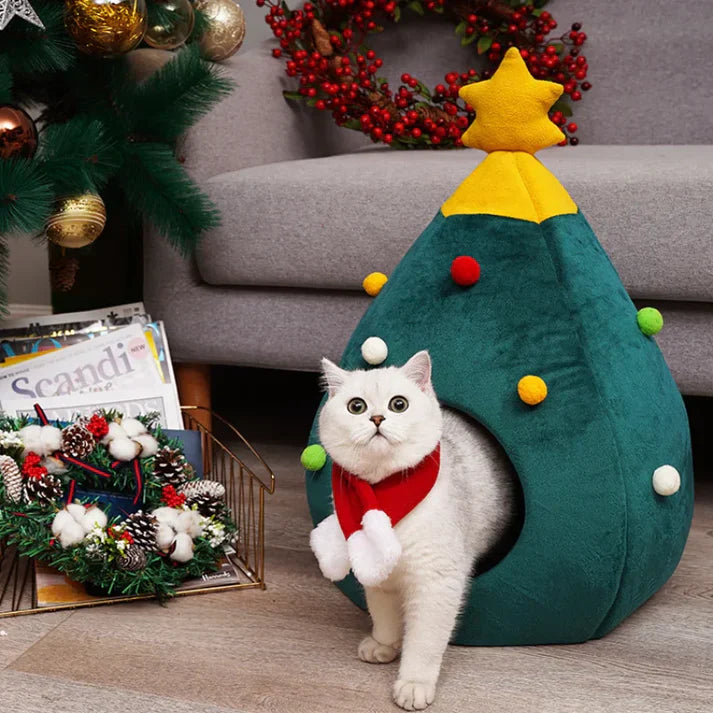 Warm Christmas tree pet house, washable cozy pet bed, ideal for cats and small dogs.