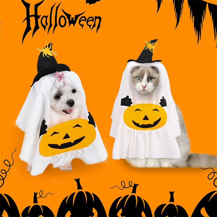 Pet dog dressed in a festive pumpkin animal outfit, ready for Halloween fun