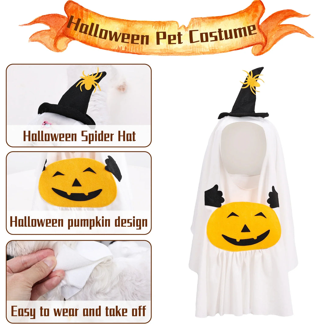 Cute pet cat in a white ghost costume, a spooky yet adorable Halloween look