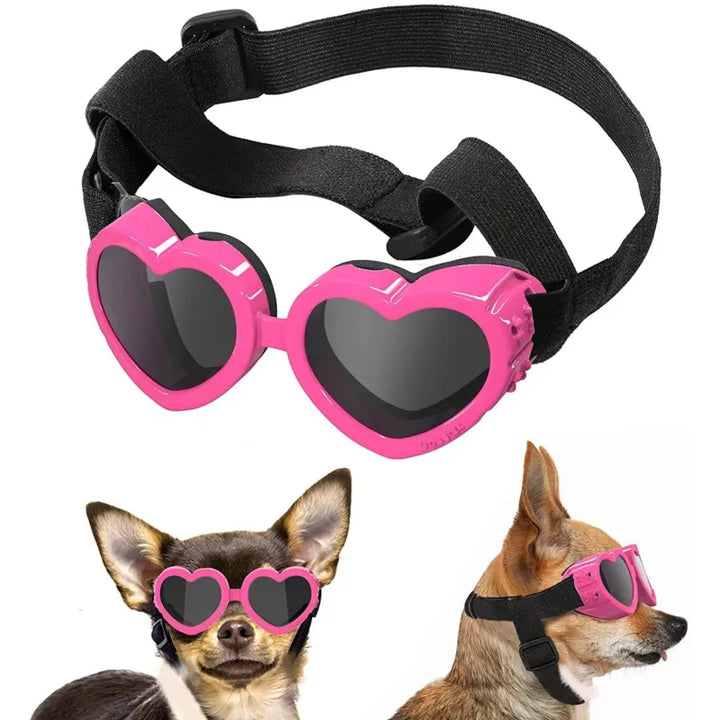 Essential dog eye protection: heart-shaped UV sunglasses with an adjustable strap, practical and stylish.