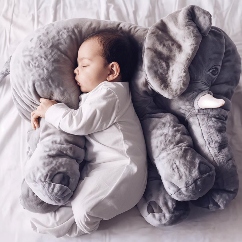 Adorable grey elephant plush pillow for kids. Soft, cuddly stuffed animal, perfect baby or toddler gift.