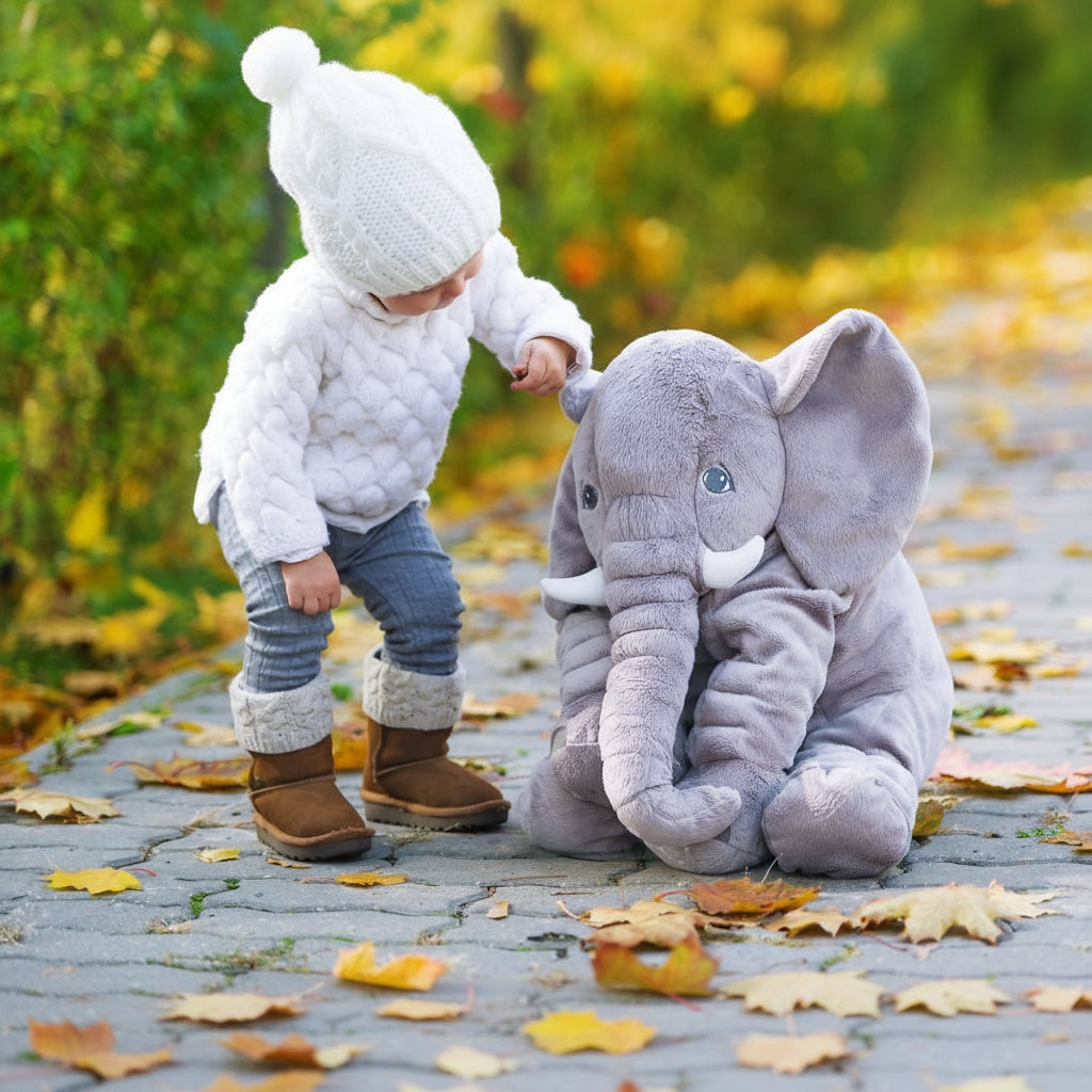 Cute grey elephant stuffed animal, a perfect plush pillow for babies and kids. Great cuddle buddy.