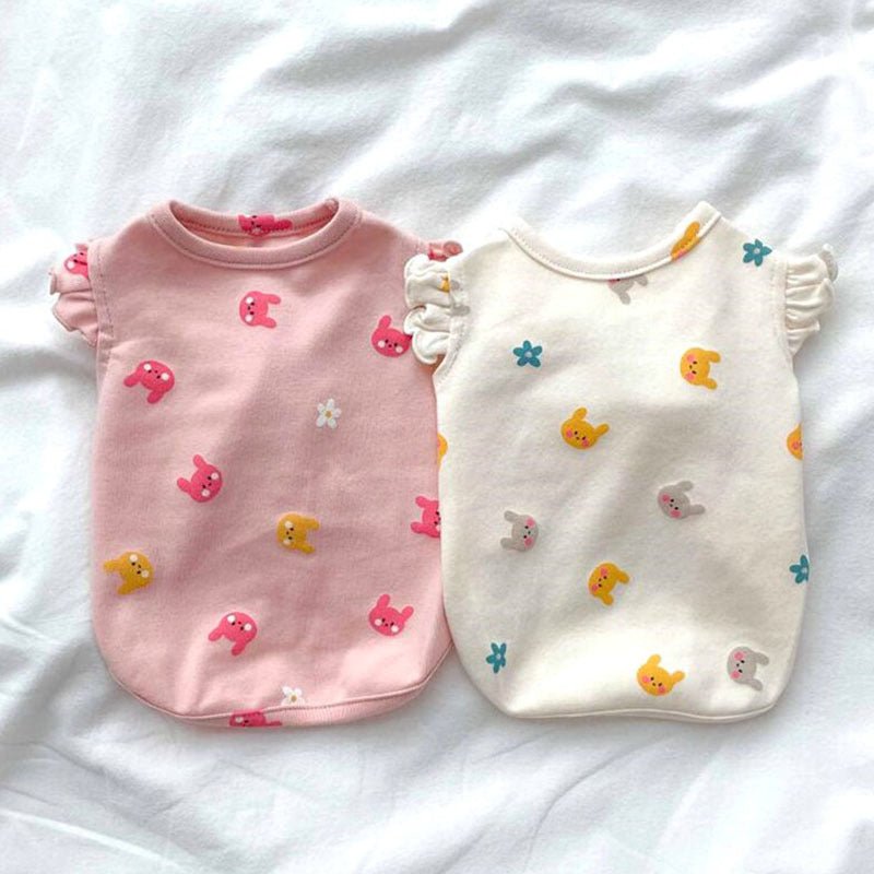 Animal fashion: plush pet velvet vest with cute rabbit print, warm winter pet wear.