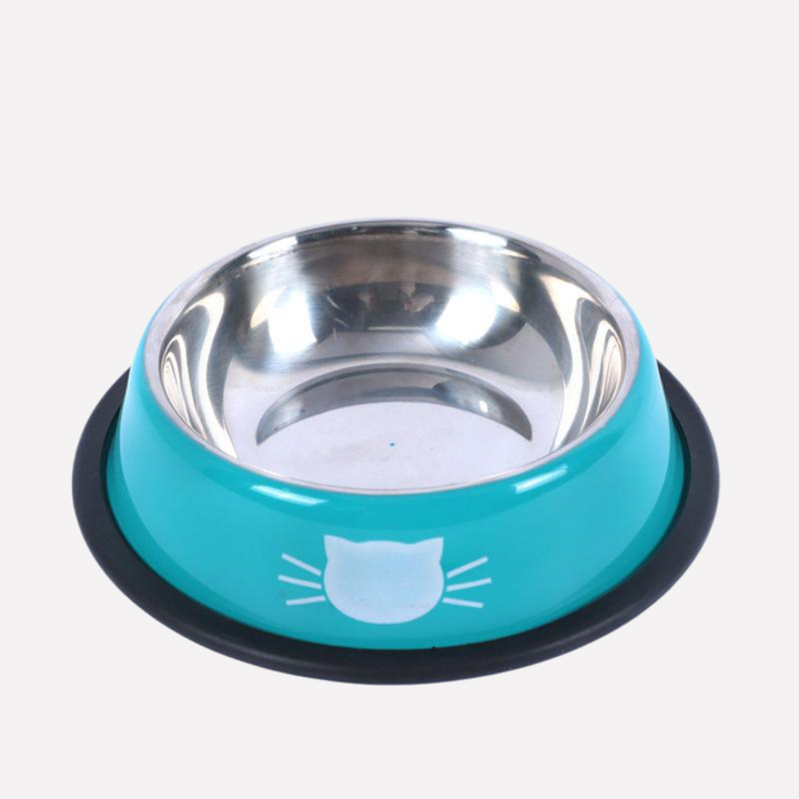 Stack of colorful anti-slip pet food bowls for cats, in pink, yellow & blue, with cute design