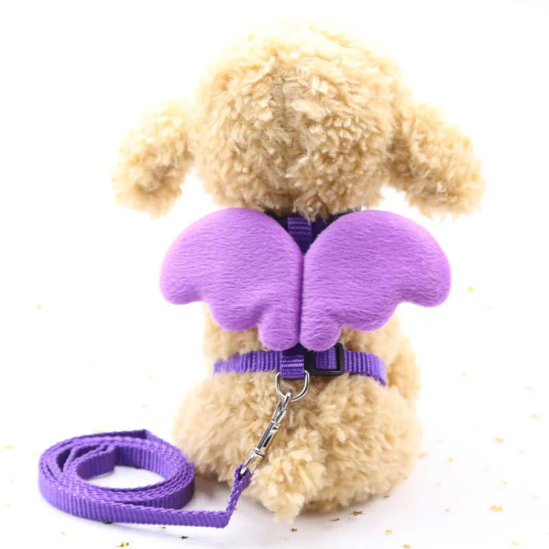 Fluffy cat in a purple adjustable harness with angel wings, showcasing cute pet supplies.