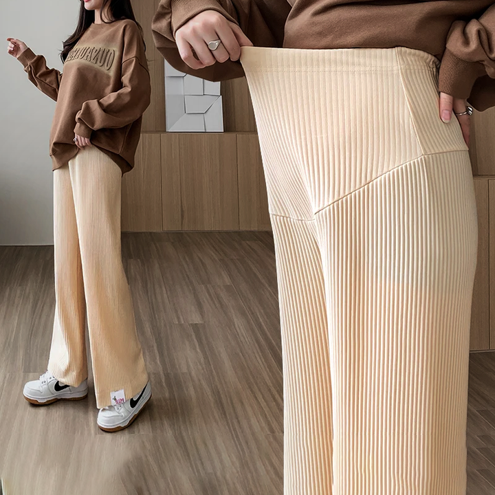 Stretchy ribbed maternity pants for all-day comfort, perfect for expecting moms.