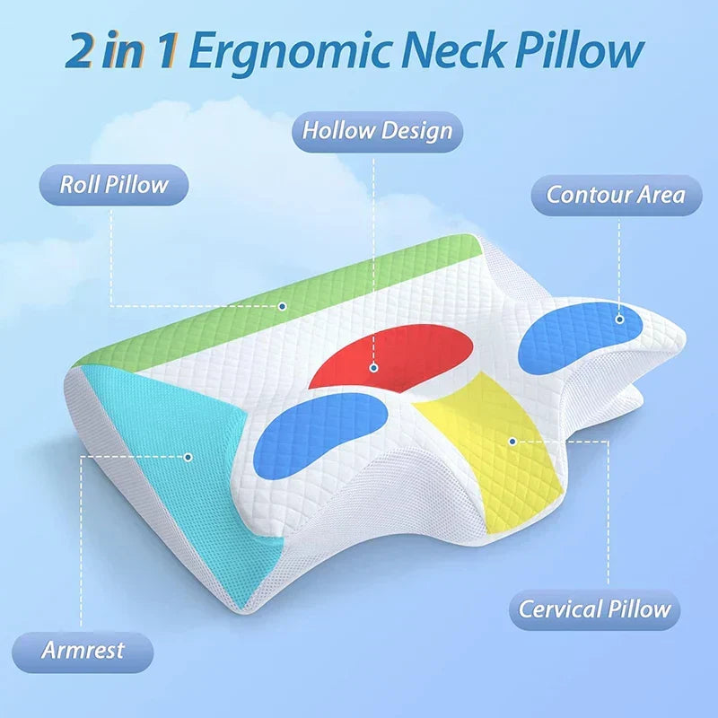 Soft memory foam cervical pillow with ergonomic contour provides pain relief & sleep aid for adults.