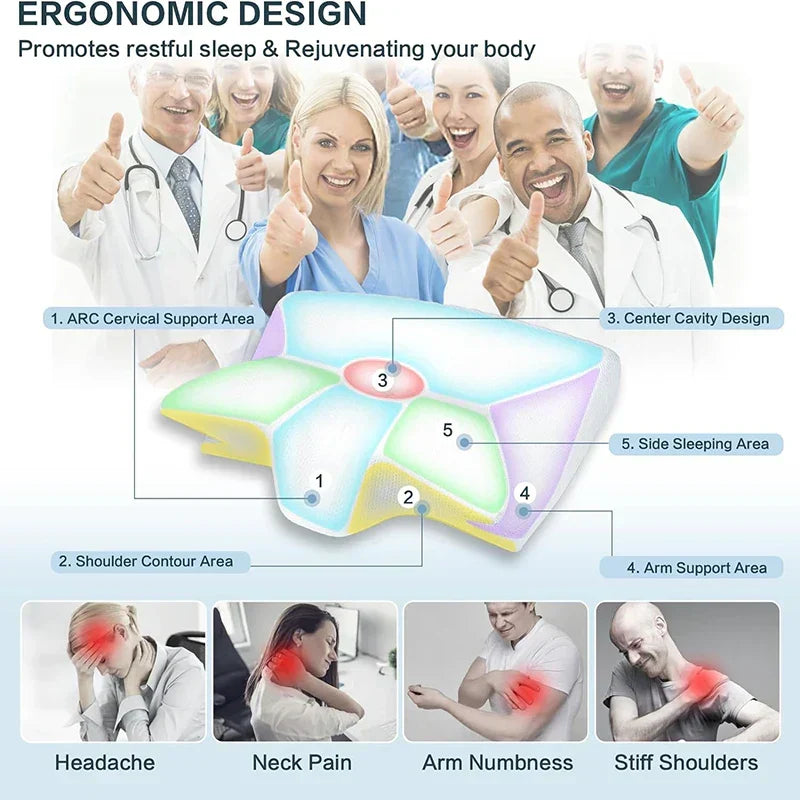Close-up of 2-in-1 memory foam cervical pillow showing ergonomic design for neck & shoulder support.