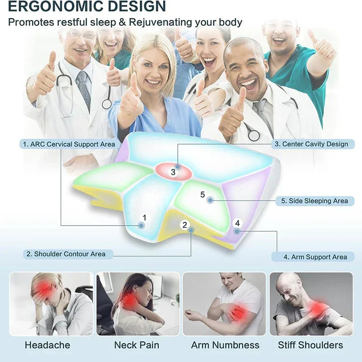 Close-up of 2-in-1 memory foam cervical pillow showing ergonomic design for neck & shoulder support.