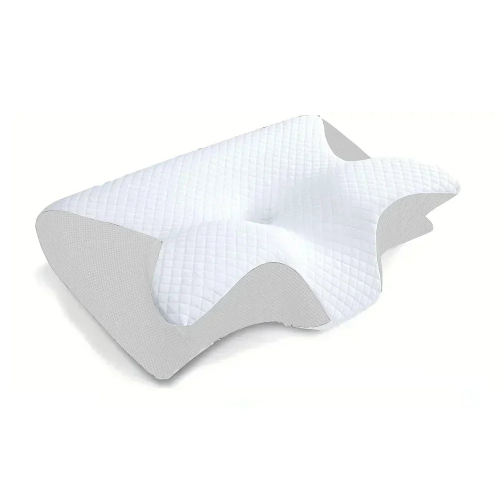 White memory foam cervical pillow with deep ergonomic contour, perfect for back and side sleeping.
