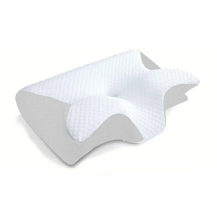 White memory foam cervical pillow with deep ergonomic contour, perfect for back and side sleeping.