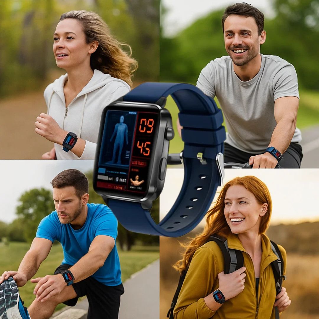Close-up of non-invasive diabetes smartwatch, showing screen with blood sugar data. Health tracker for adults.