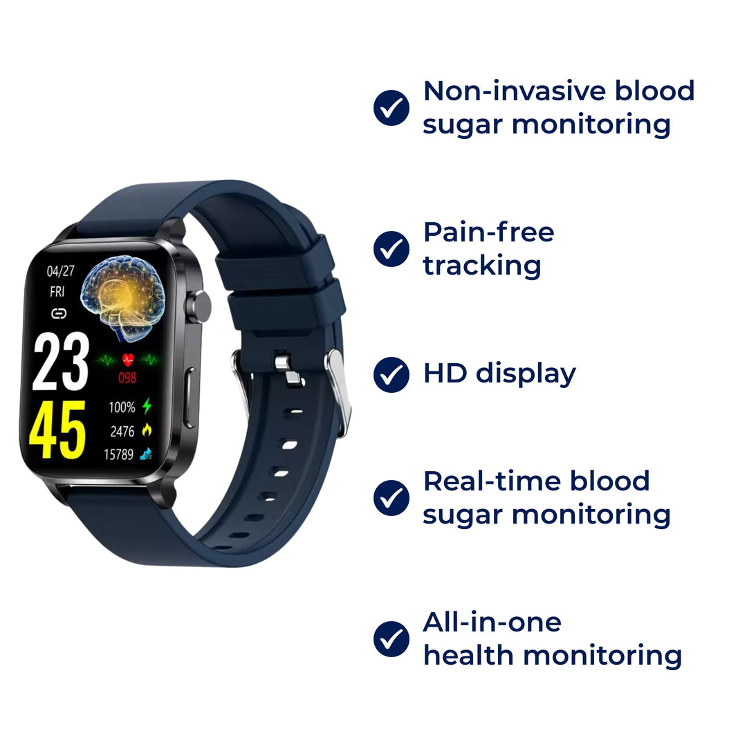 Adult wearing sleek, non-invasive diabetes smartwatch. Pain-free glucose & blood sugar tracking wearable.