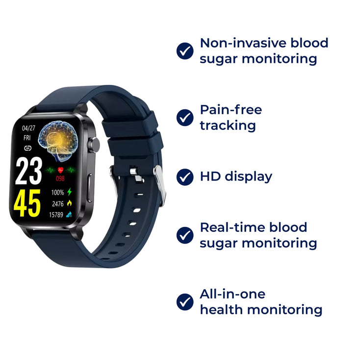 Adult wearing sleek, non-invasive diabetes smartwatch. Pain-free glucose & blood sugar tracking wearable.