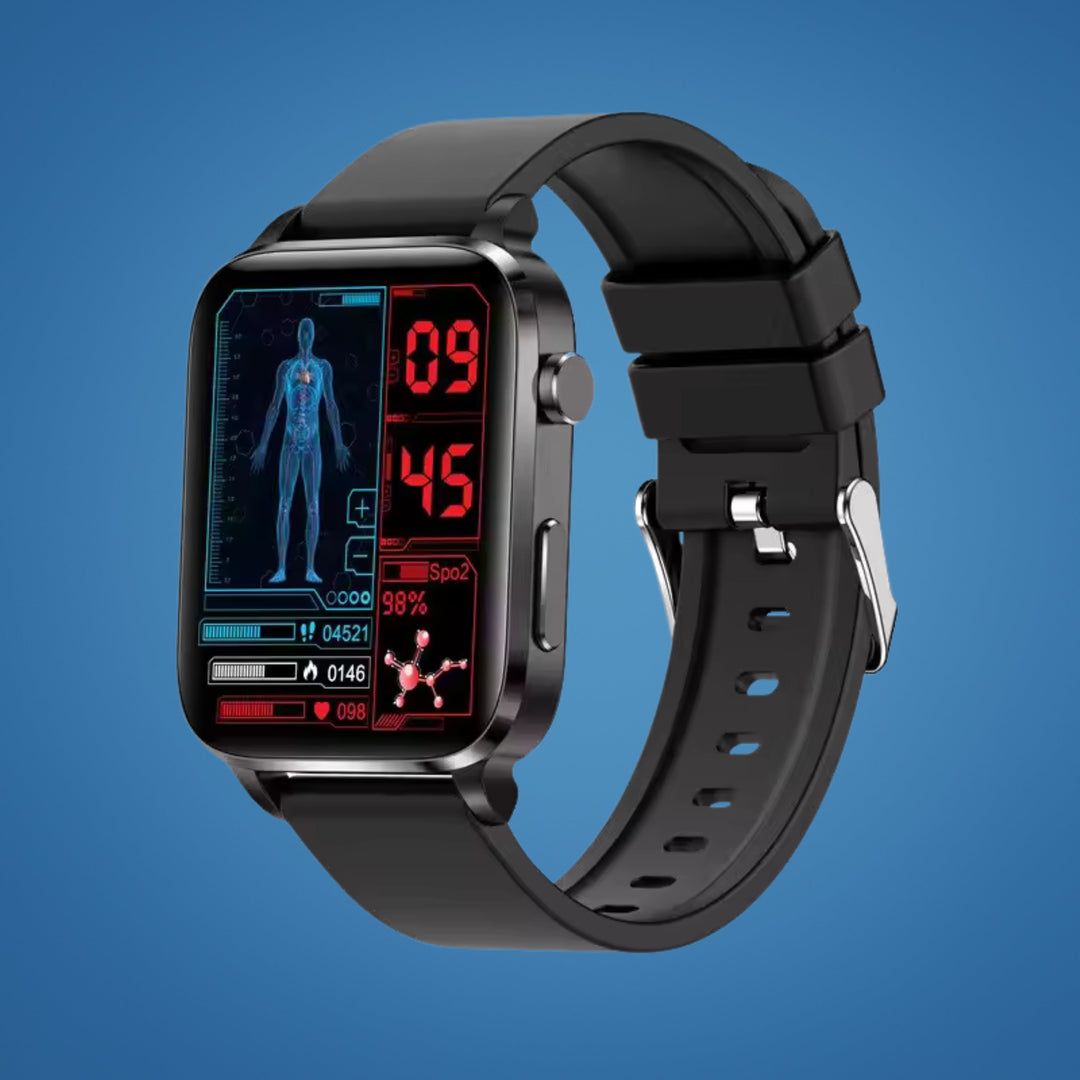 Advanced adults' smartwatch monitors blood sugar non-invasively. Pain-free glucose tracker & health monitor.