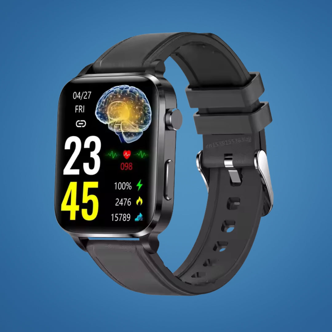 Digital display of non-invasive diabetes smartwatch showing blood sugar trends. Essential adult health monitor.