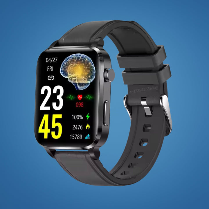 Digital display of non-invasive diabetes smartwatch showing blood sugar trends. Essential adult health monitor.