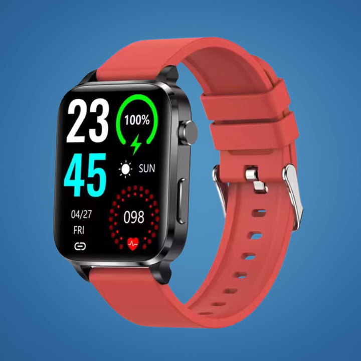 Hand holding non-invasive diabetes smartwatch. Pain-free blood sugar & glucose monitoring for adult health.