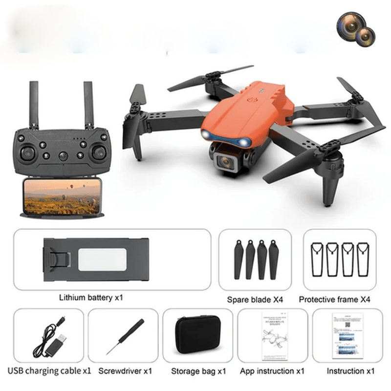 Detailed view of advanced drone's dual 4K camera, highlighting its video recording & aerial photography power.