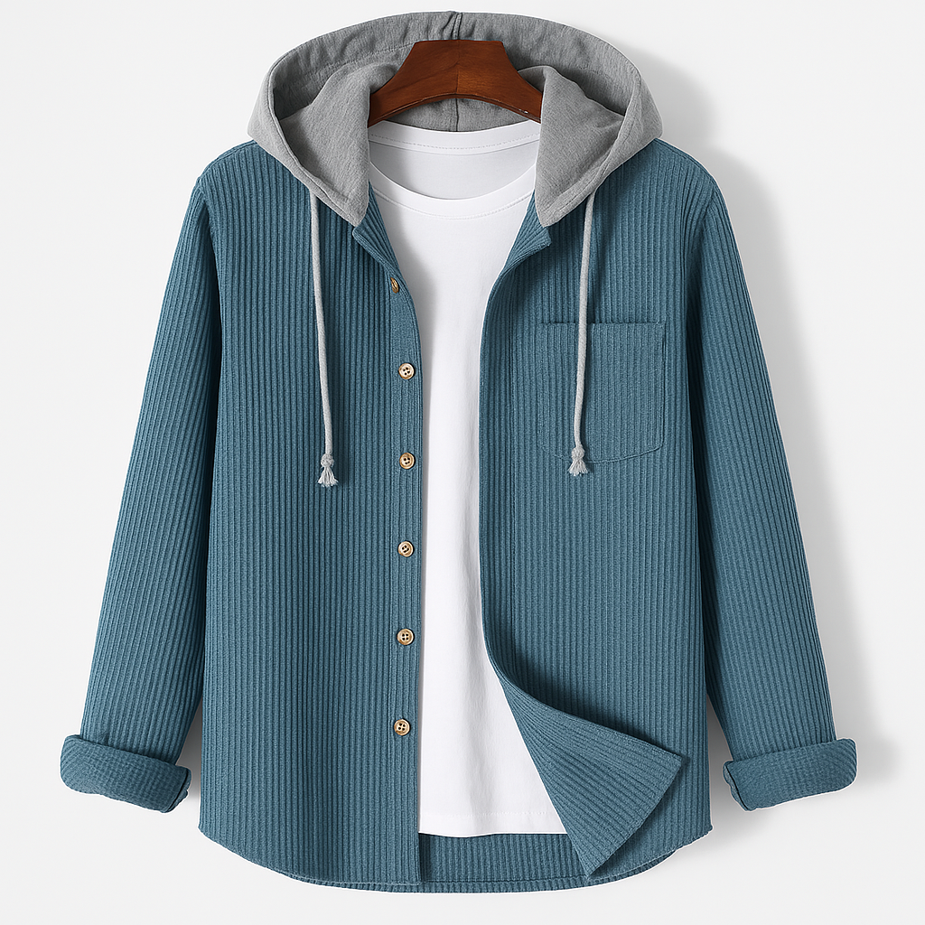 Unisex Brooklyn textured hooded jacket with button-up closure. Comfortable casual outerwear for everyday style.