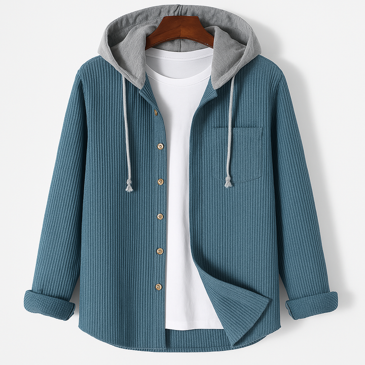 Unisex Brooklyn textured hooded jacket with button-up closure. Comfortable casual outerwear for everyday style.