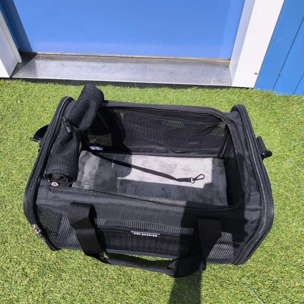 Black dog and cat airline approved pet carrier with zipper closures and ventilation for small pets