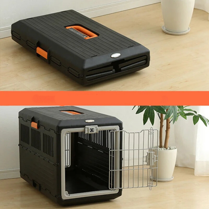 Airline approved pet carrier, black, for small dogs & cats, with mesh windows for ventilation during air travel.