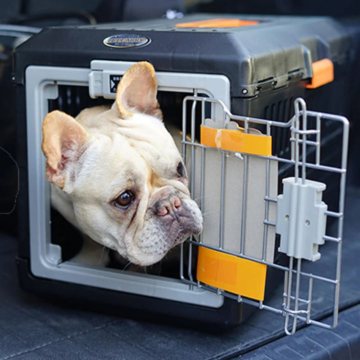Portable black pet travel carrier for dogs & cats, designed for under-seat air travel with ventilated mesh panels.