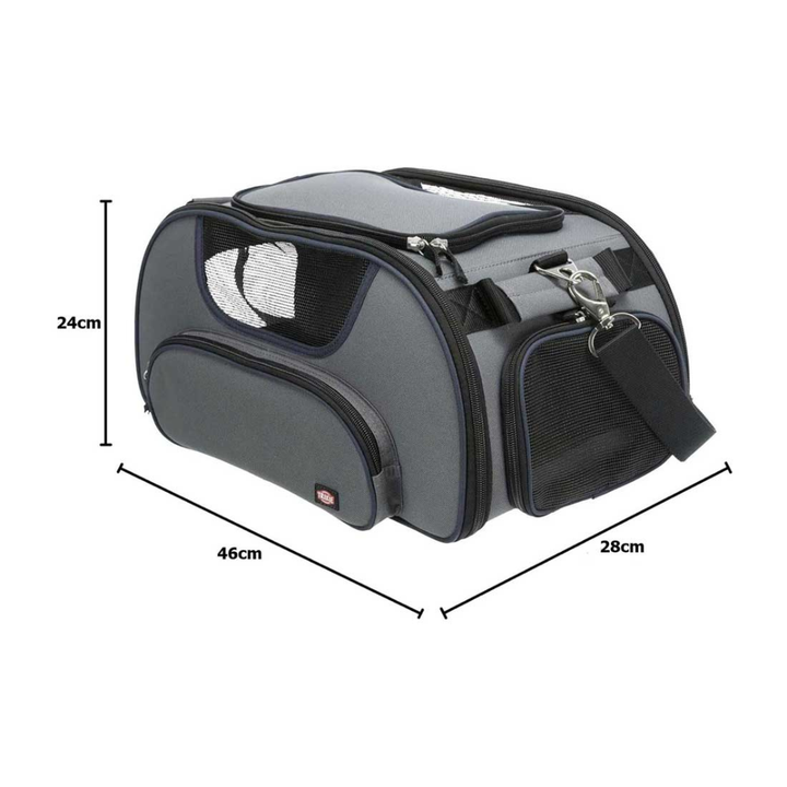 Small pet airline carrier with sturdy zippers and comfortable handles, front view.