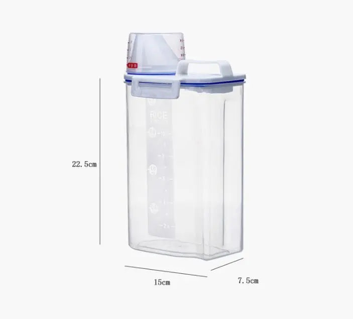 Tall dry food storage bin with comfortable handle and precise measuring cup, for pantry organization.