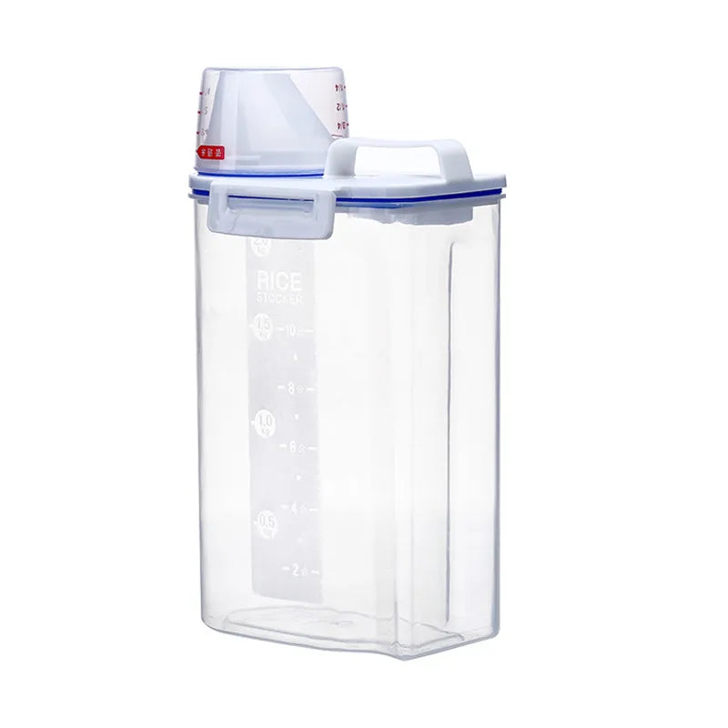 Airtight rice dispenser featuring a convenient measuring cup, ensuring fresh and organized dry food storage.