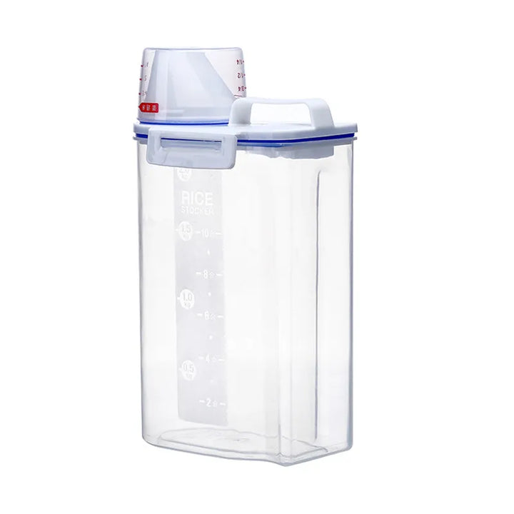Airtight rice dispenser featuring a convenient measuring cup, ensuring fresh and organized dry food storage.