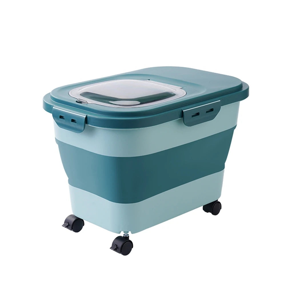 Airtight foldable pet food storage bin with wheels, grey, holding dry pet food.