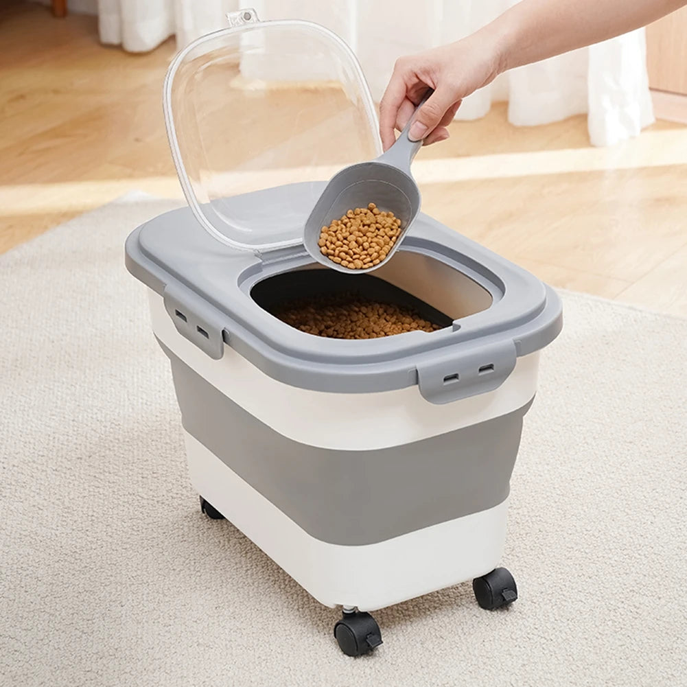 Foldable pet food storage bin, airtight seal, clear lid, on wheels for easy movement.