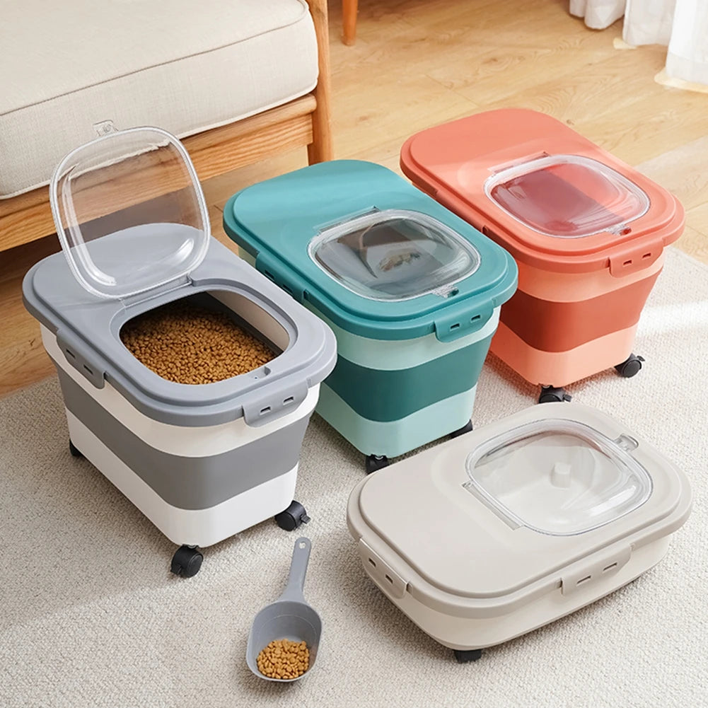 Collapsible pet food dispenser, large capacity, with measuring scoop and airtight lid.