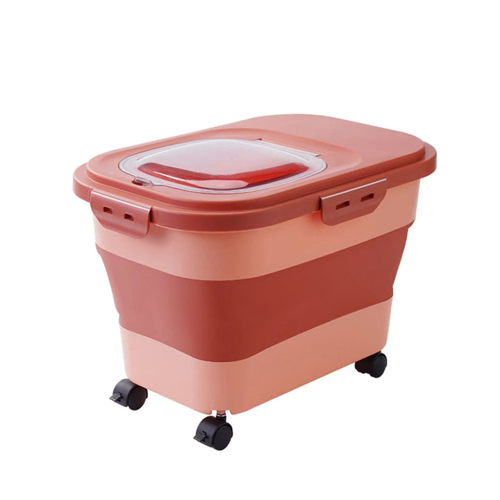 Pet supplies: Grey foldable dry food storage bin on wheels, space-saving design.